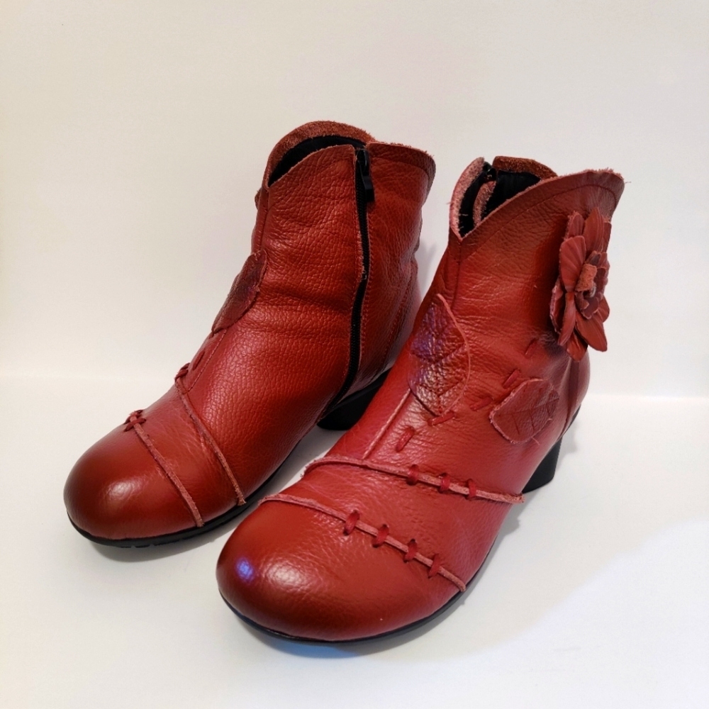 Warm Flower Retro Hand Made Real Leather low Chunky Heel Ankle Boots